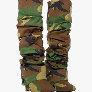 Slouched CAMO Ruched Fold Over Boots for Women With Covered Wedge Heel